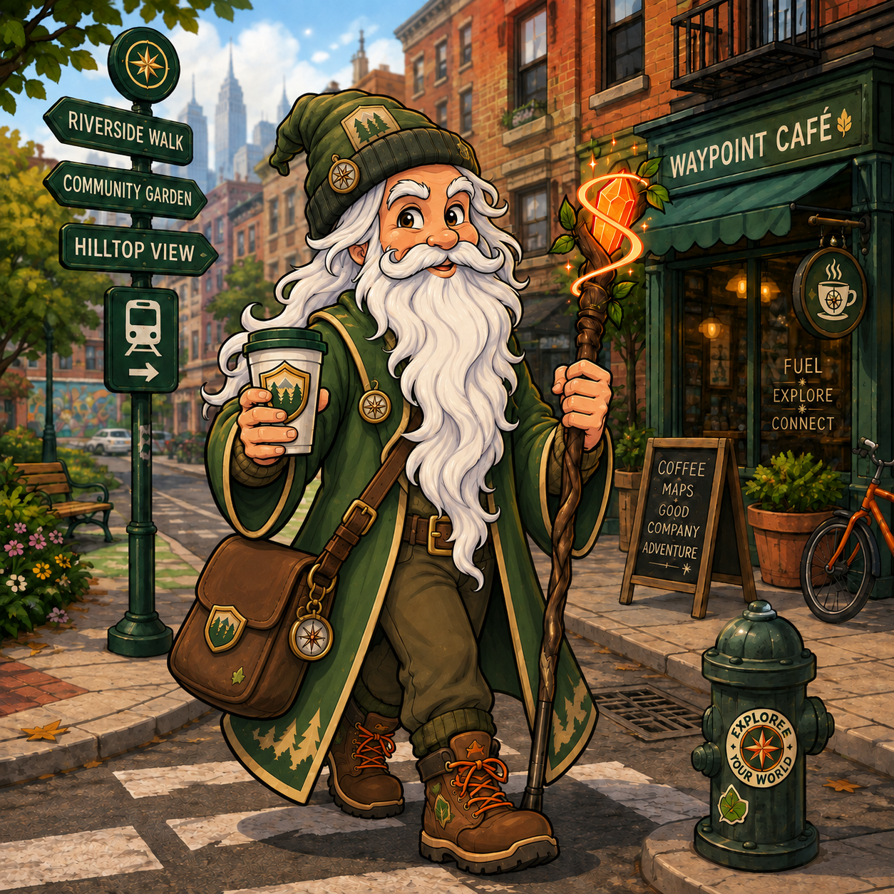 The Touch Grass Quest guide walking through a city on a quest