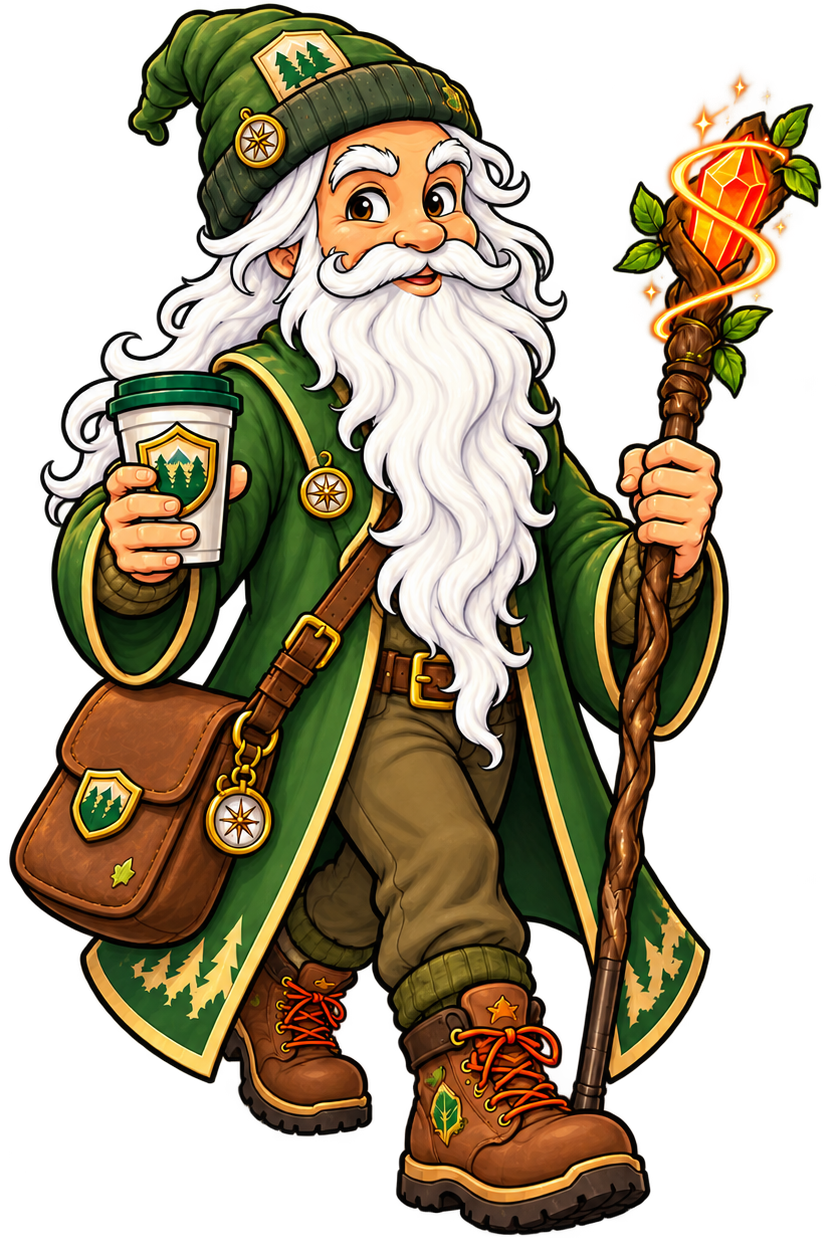 The Touch Grass Quest guide holding coffee and a glowing trail staff